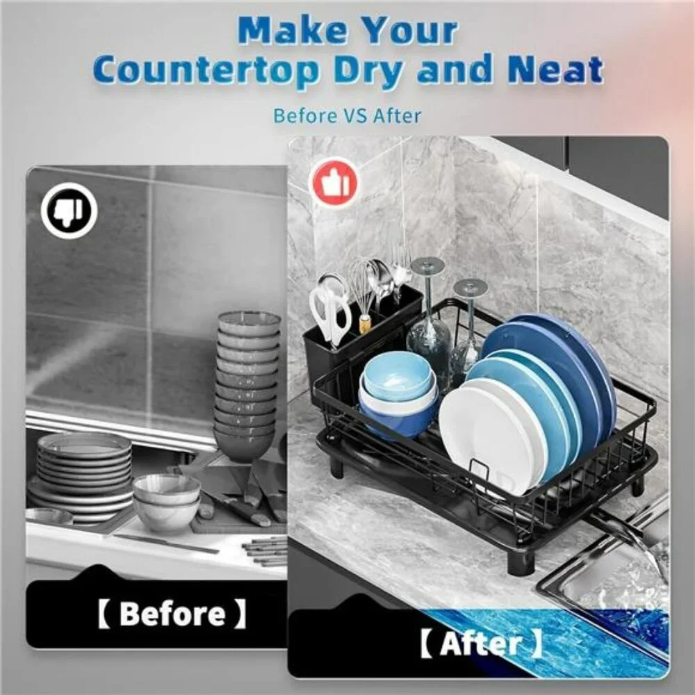 Space Saving Dish Drying Rack with Drainboard Utensil Holder for Kitchen Counter